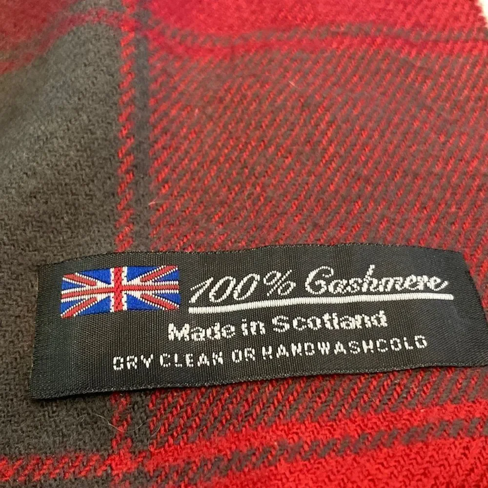 Red and green plaid hundred percent cashmere scarf made in Scotland
